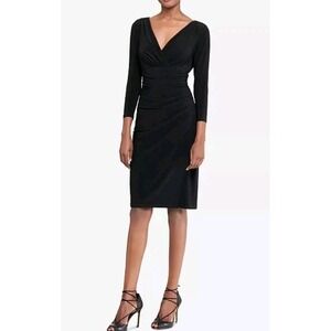 Lauren Ralph Lauren Black Faux Wrap Ruched Sheath Dress 3/4 Sleeve Size 8‎ Sleek
